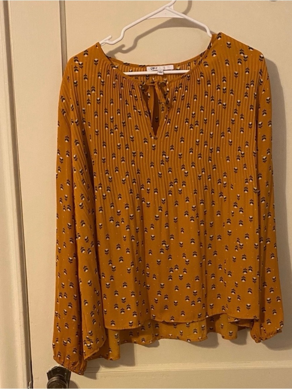 DR2 Mustard Floral Tie-Neck Long Sleeve Blouse